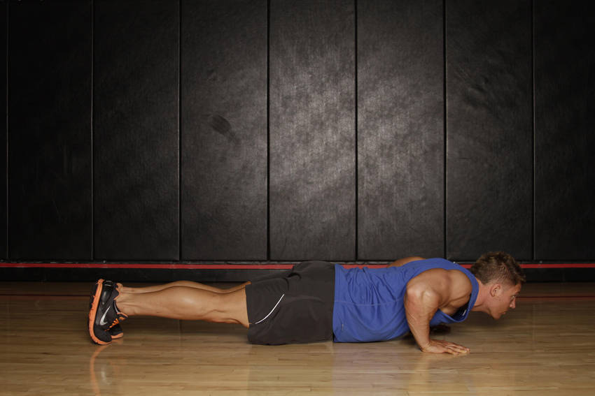 Push Up to Side Plank — end position, working the chest
