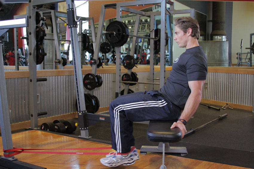 Seated Band Hamstring Curl — end position, working the hamstrings
