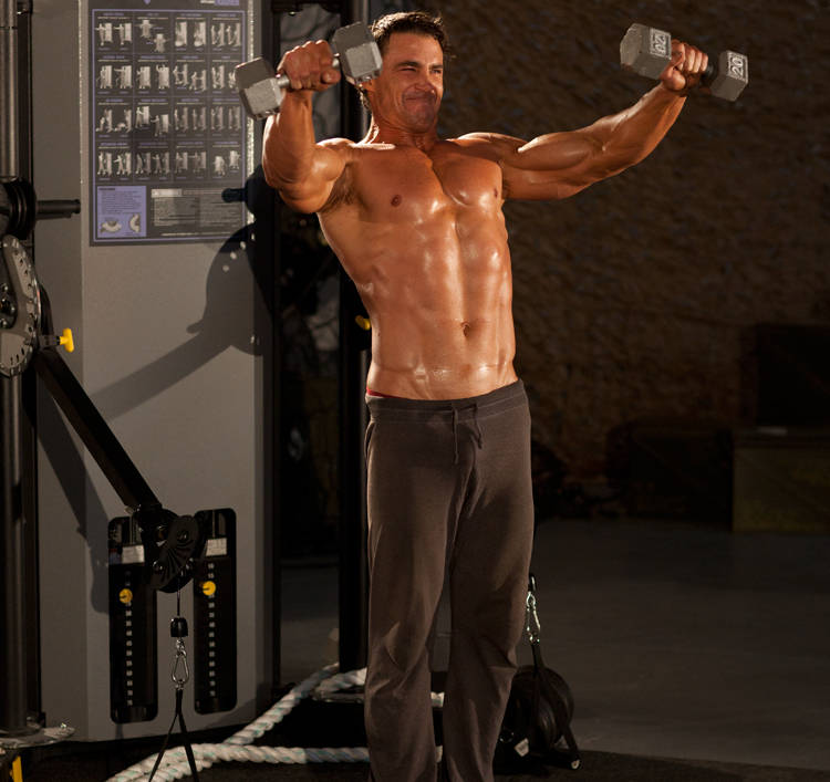 Side Laterals to Front Raise — end position, working the shoulders