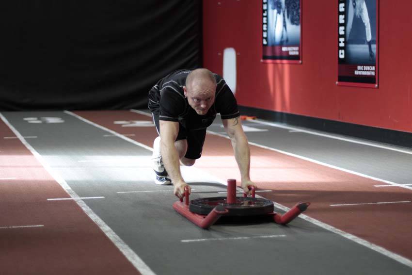 Sled Push — starting position, working the quads