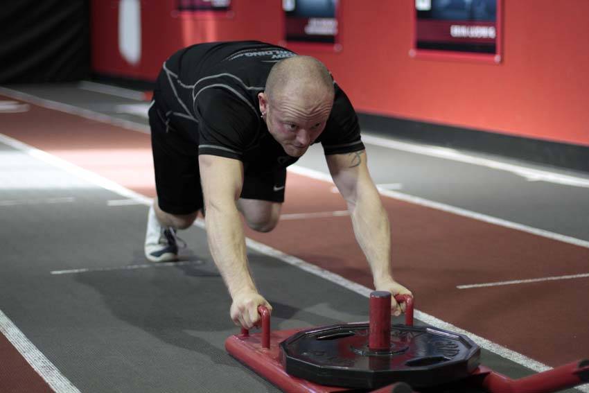 Sled Push — end position, working the quads