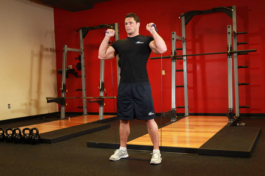 Squats - With Bands — starting position, working the quads