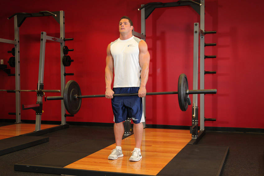 Upright Barbell Row — end position, working the shoulders