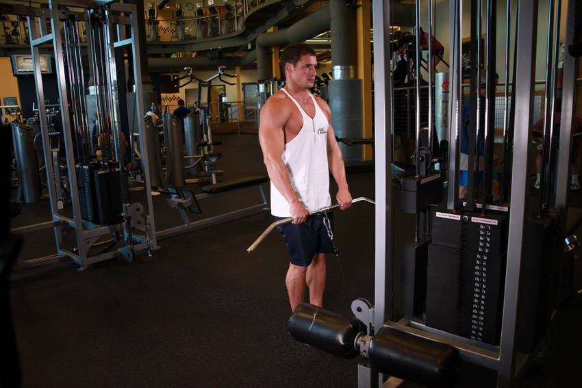 Upright Cable Row — end position, working the traps