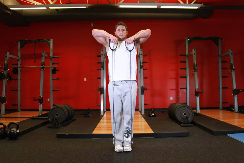 Upright Row - With Bands — end position, working the traps