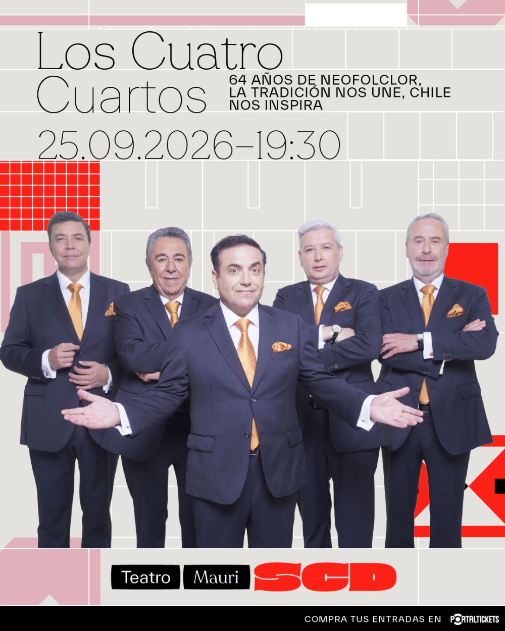 LOS CUATRO CUARTOS 64 AÑOS DE NEOFOLCLOR, LA TRADICIÓN NOS UNE, CHILE NOS INSPIRA EN TEATRO MAURI, VALPARAISO