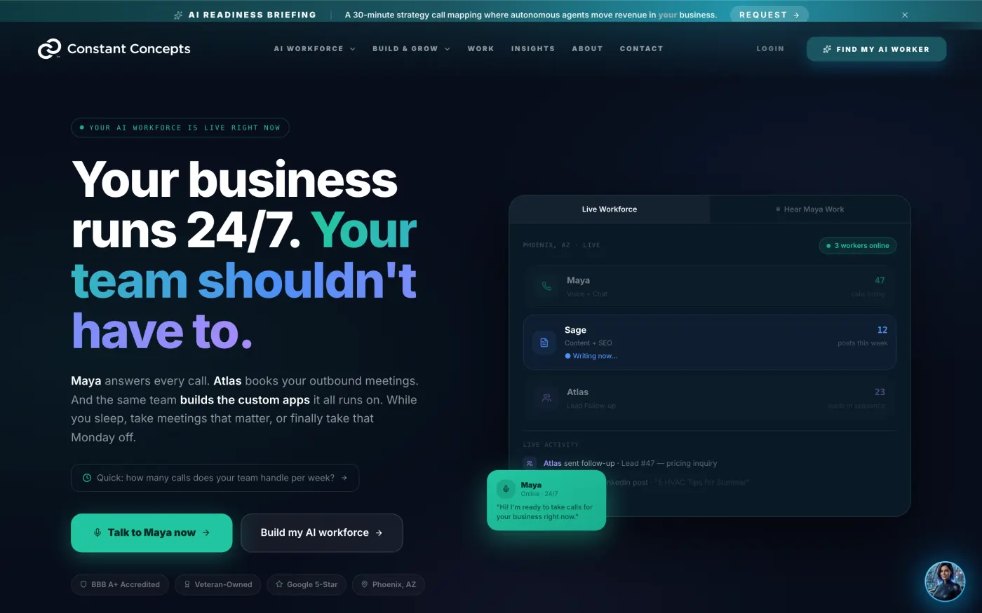 The Constant Concepts website — an agentic AI agency based in Phoenix.