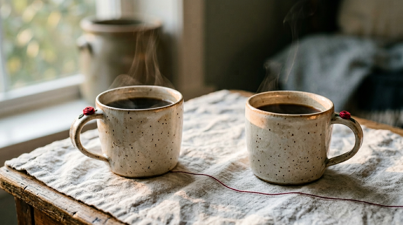 Two identical Morning Attire mugs joined by a single red thread