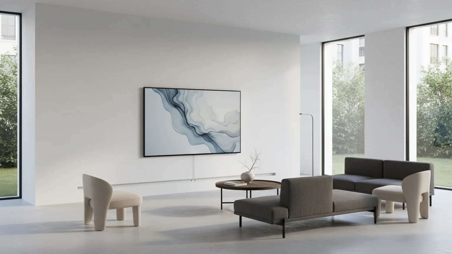 Ultra-thin OLED TV flush-mounted on white wall with hidden cables — Mount TV