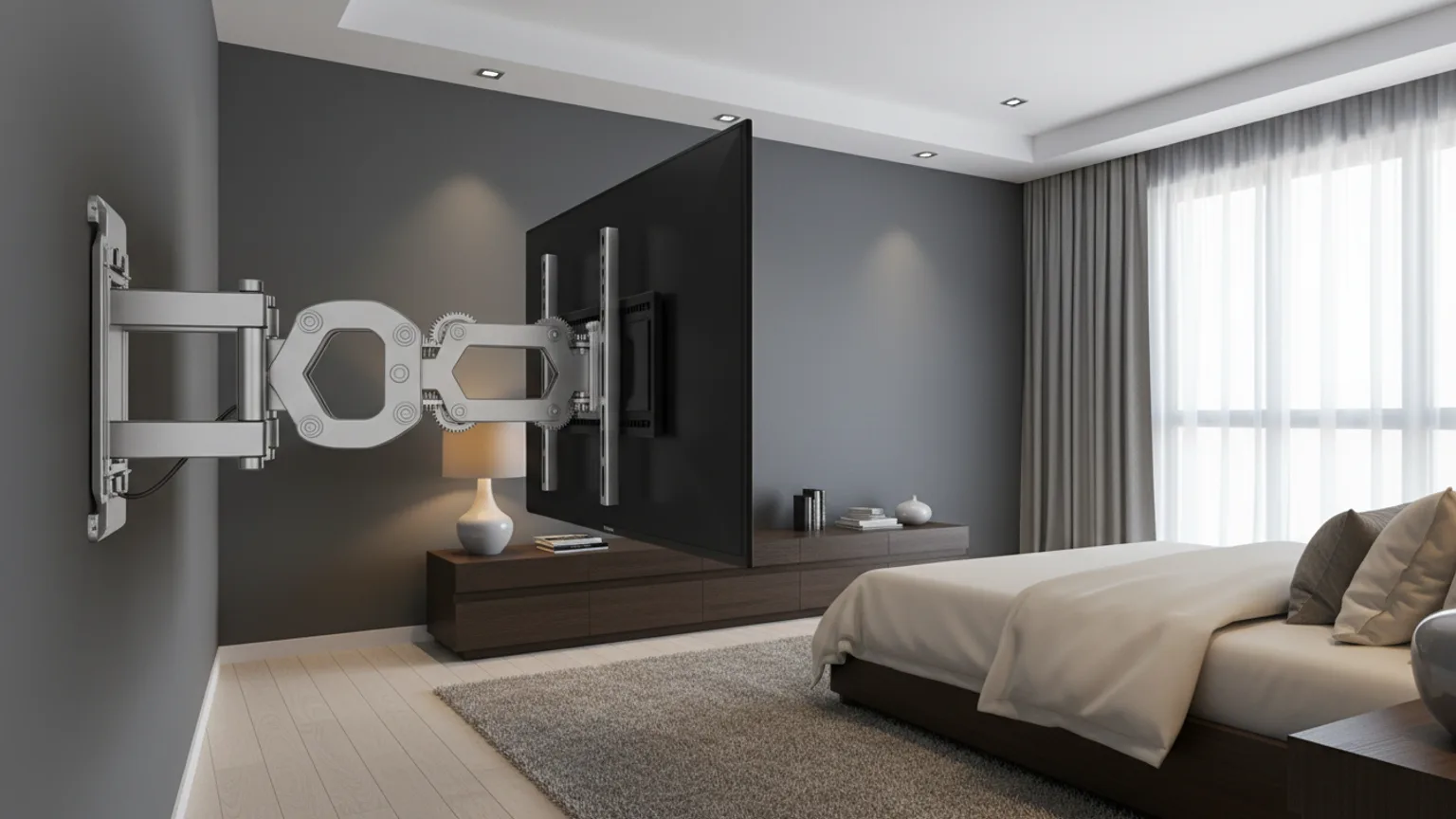 Full-motion TV bracket arm extended 45 degrees from wall — Mount TV