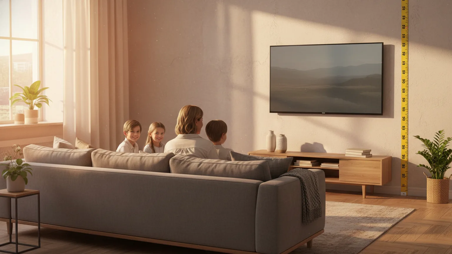 TV mounted at eye level above sofa showing correct height — Mount TV