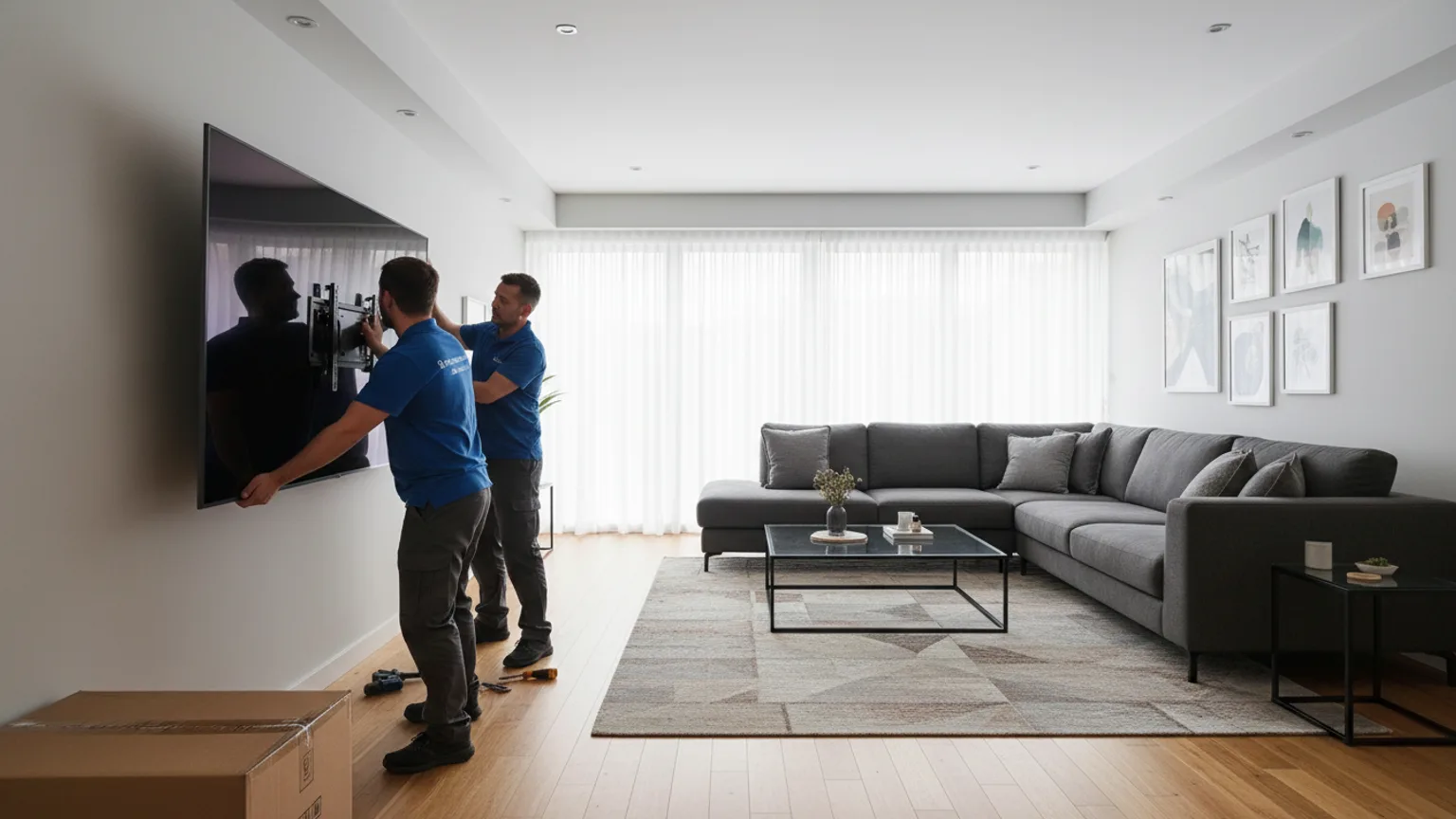 Two installers lifting 75-inch TV onto heavy-duty wall bracket — Mount TV