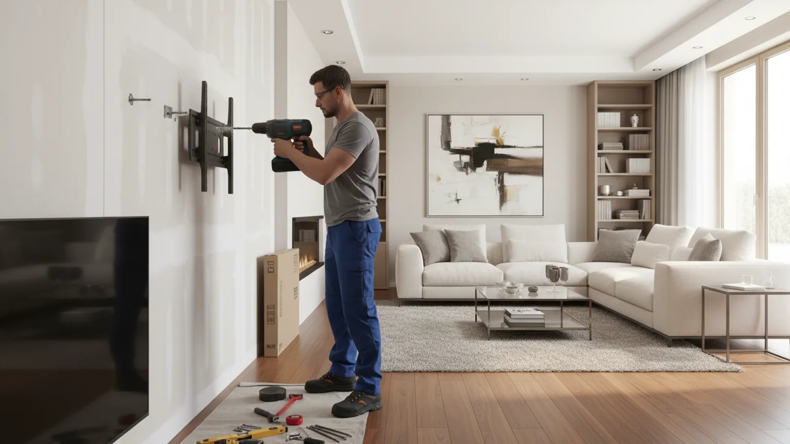 Installer drilling into stud wall with spirit level during TV wall mounting — Mount TV