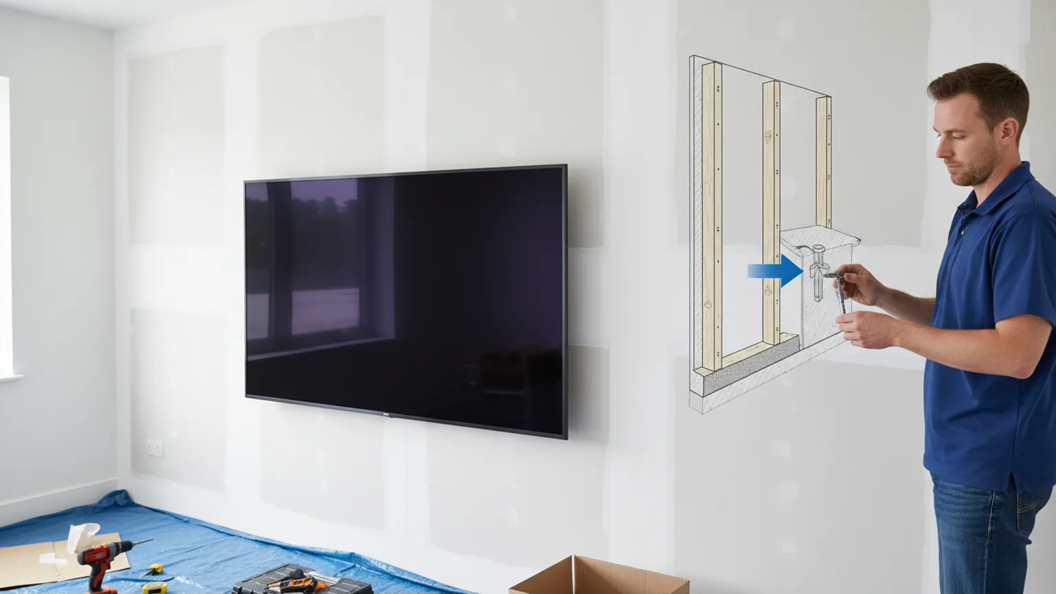 Large TV mounted on plasterboard wall with cavity toggle fixings — Mount TV
