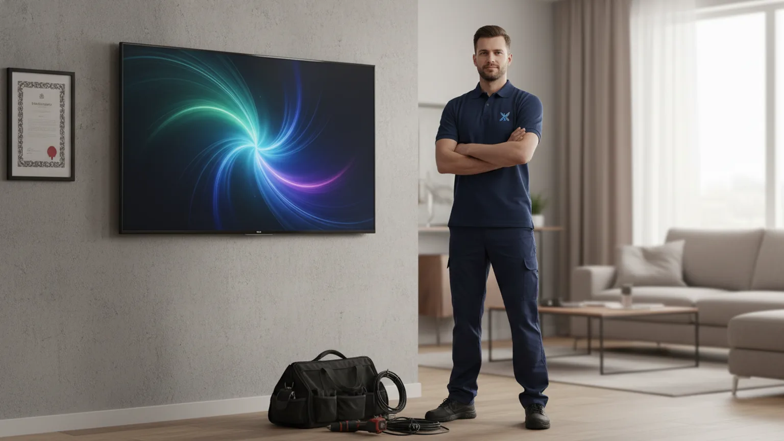 Insured professional TV installer in uniform with mounted TV and tools — Mount TV