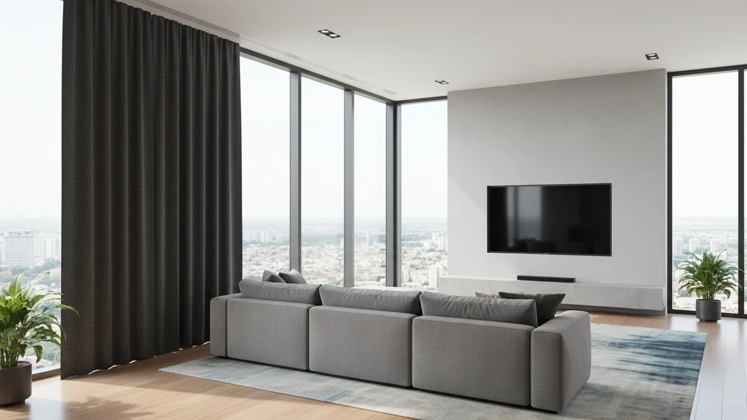 TV wall-mounted beside large window with glare reduction setup — Mount TV