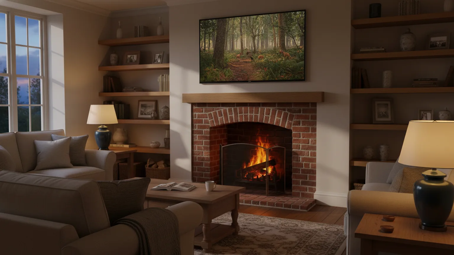 TV mounted above fireplace on chimney breast with hidden cables — Mount TV