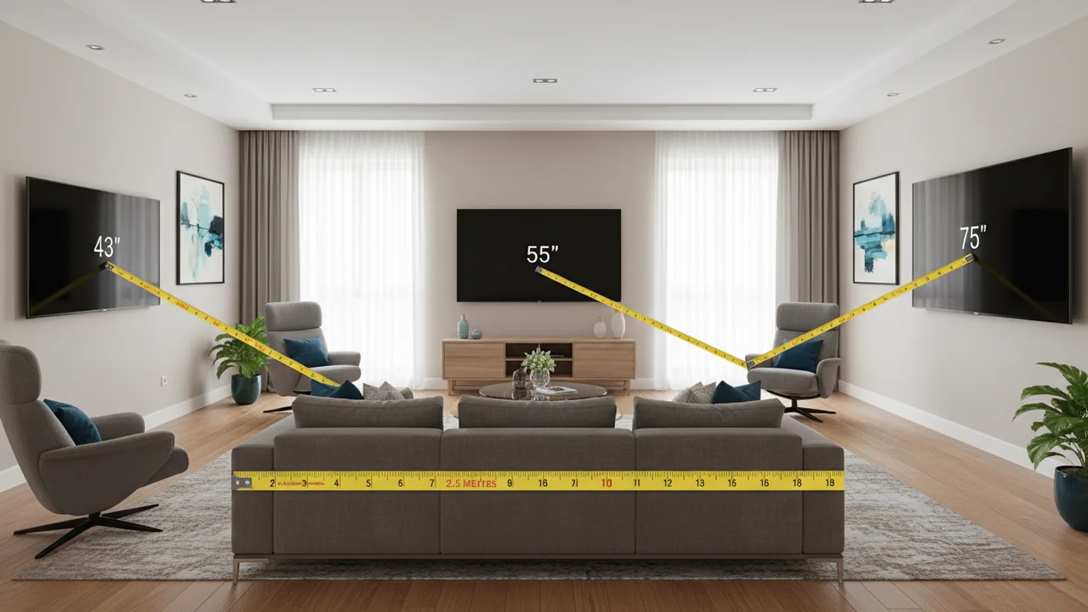 Three different TV sizes compared in UK living room with viewing distances — Mount TV
