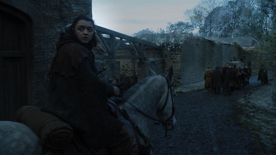 Arya looks north towards Winterfell as the carriage heading south departs.