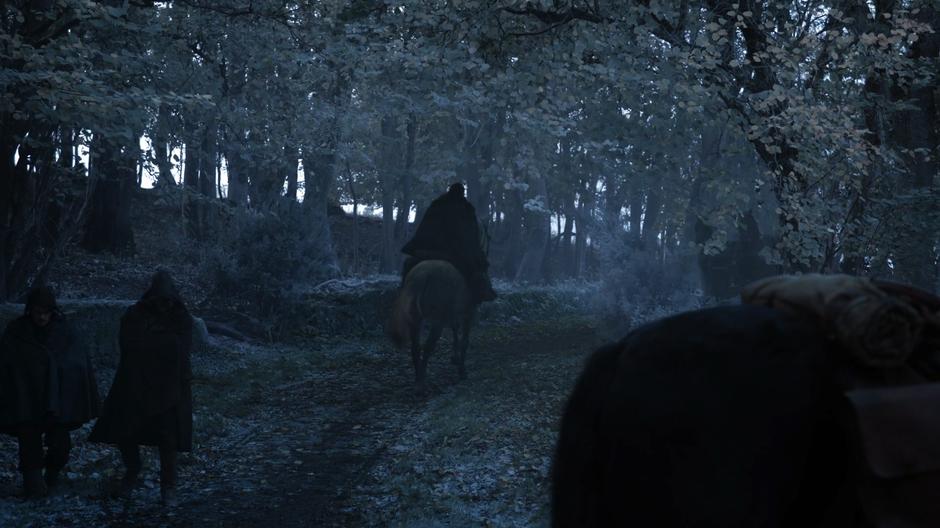 Arya rides back along the northern path towards Winterfell.