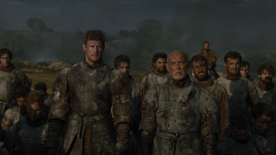 Dickon and Randal Tarly remain standing with a few other soldiers after Drogon lets out an loud roar.