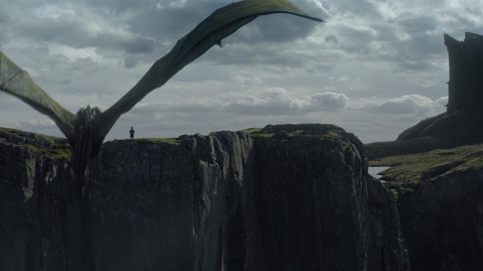 Tyrion walks to the edge of the cliff as the dragons take off around him.