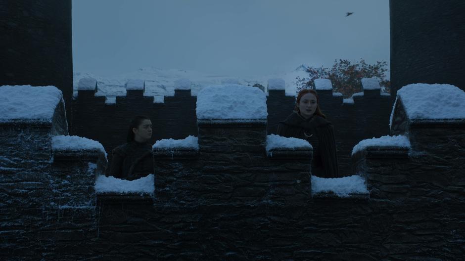 Arya and Sansa stand on the battlements talking.