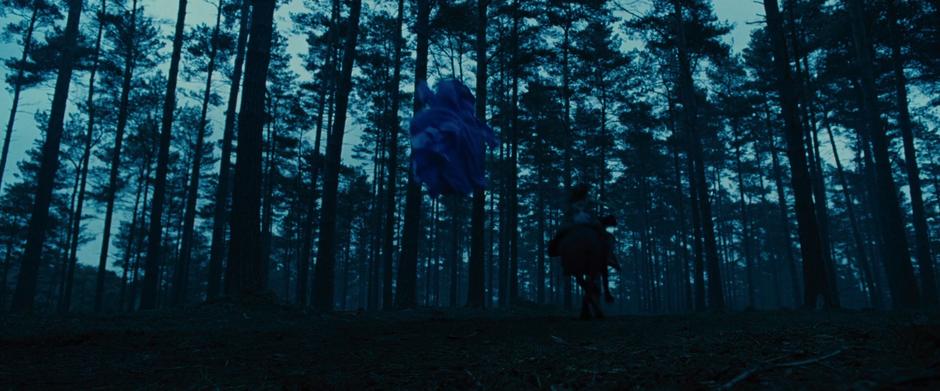 Diana rides through the woods as her dress flies off.