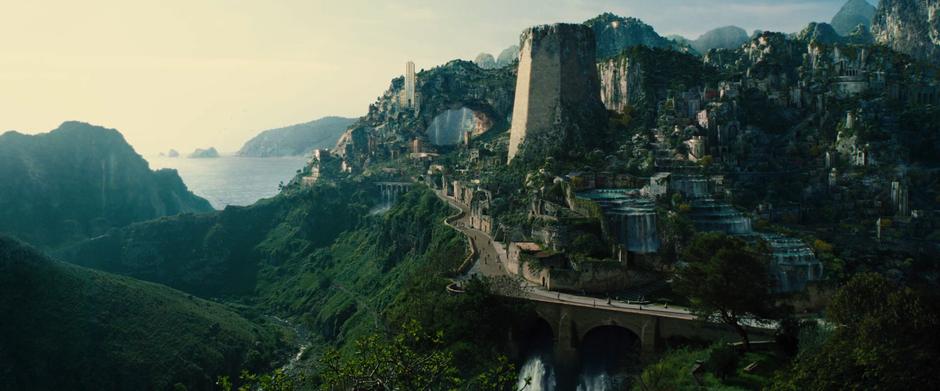 Wide establishing shot of the road leading to the tower.