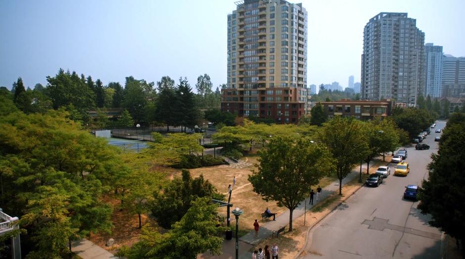 People mill around at the edge of the park.