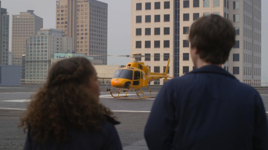 Shaun tells Claire that they wont be taking off in the helicopter.