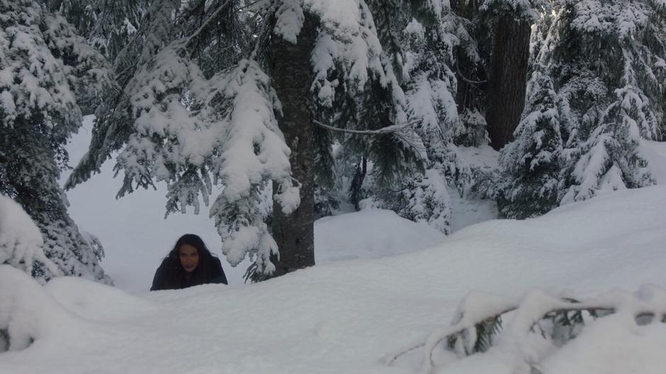 Maze climbs up the snow covered hill and sees Ben Rivers through the trees.