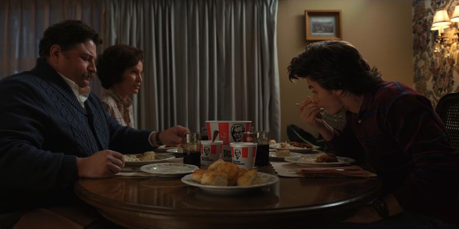 Nancy and Steve eat KFC for dinner with Barb's parents.