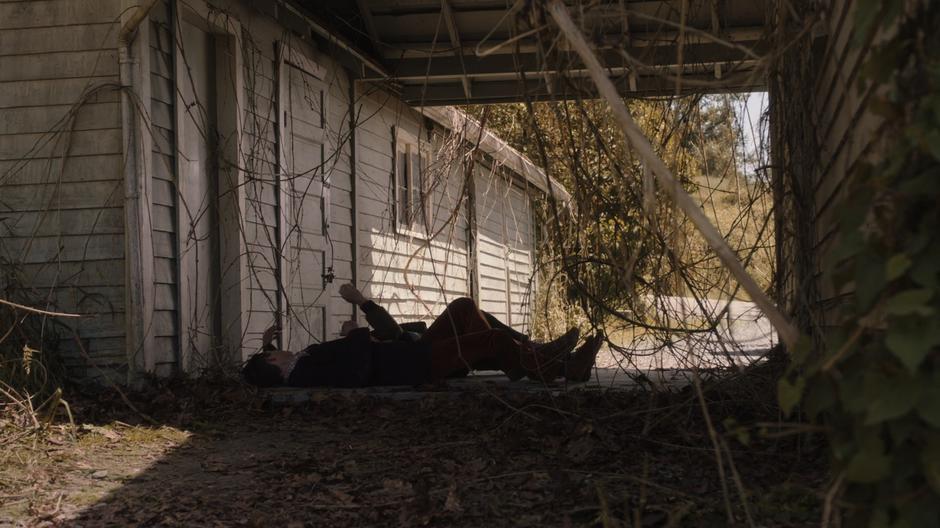 Dirk and Todd lie on the ground after escaping the strange version of the house.