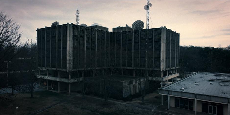 Establishing shot of the rear of the lab building.