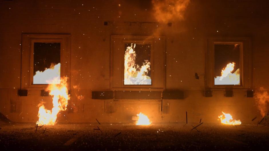 The lab burns after the windows were blown outwards by the explosion.