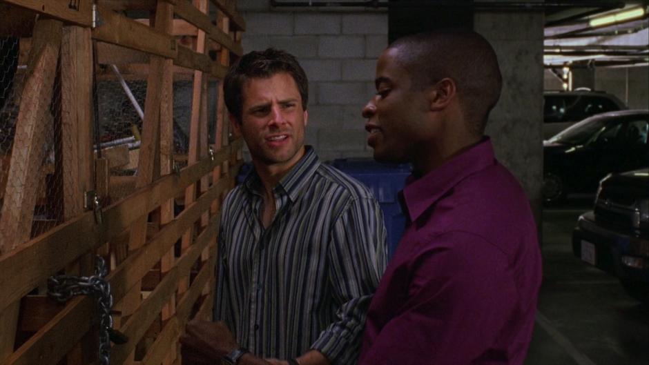 Shawn and Gus investigate the storage locker in the parking garage.