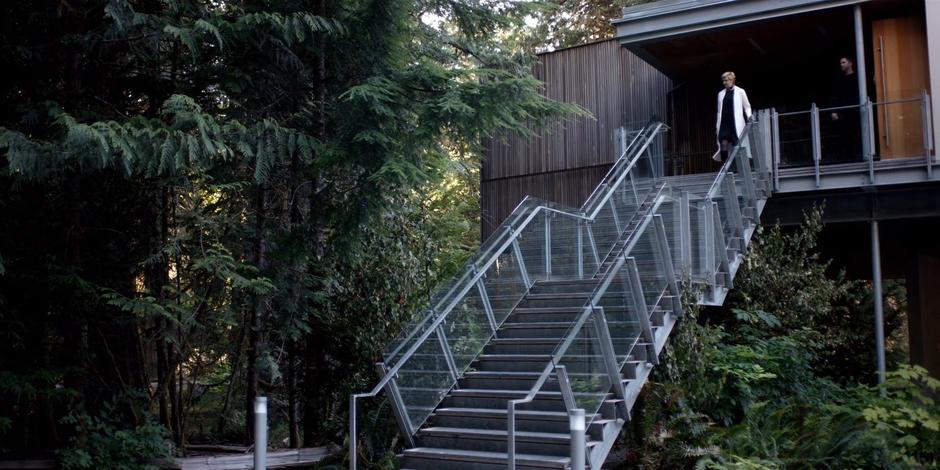 Dr. Perrow walks down the stairs to her waiting car.