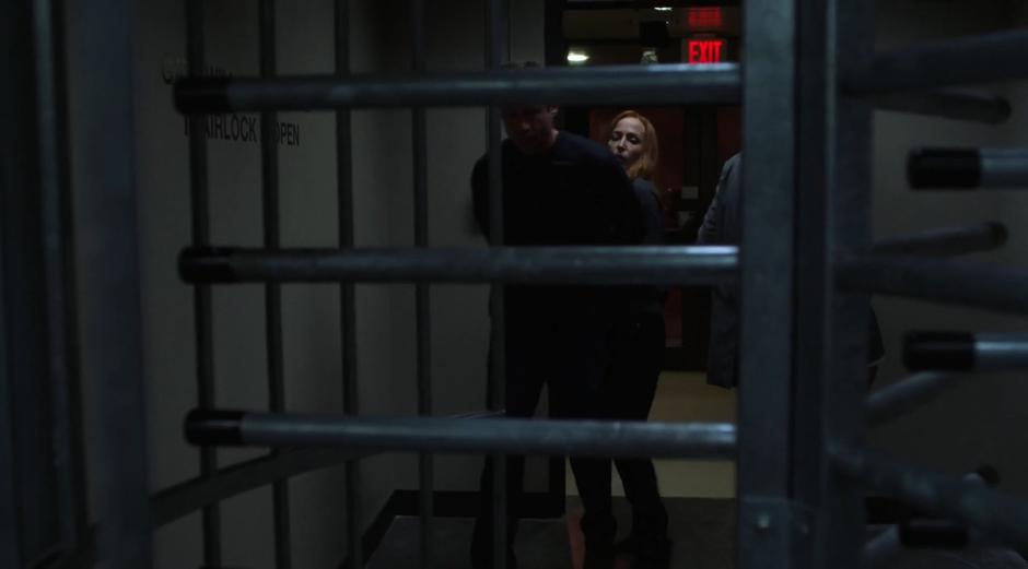 Scully walks Mulder through the turnstile to the tunnel.