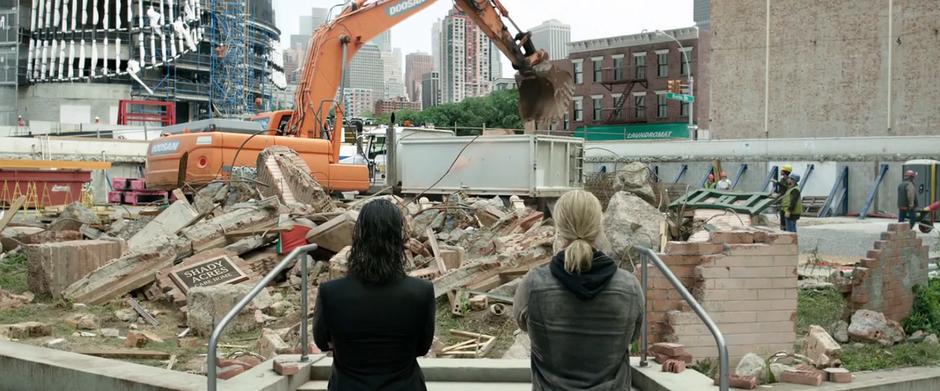 Loki and Thor look at the remains of the care hole while the demolition crew piles it into a dump truck.