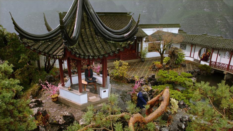Rip Hunter climbs up to where Wally West is meditating in a Chinese garden.