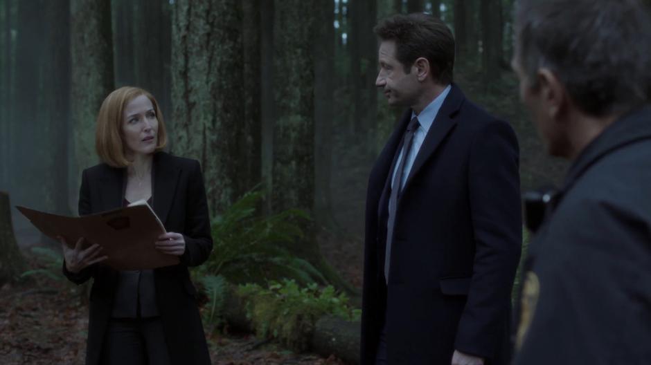 Scully looks up at Mulder while reviewing the case with the Chief.