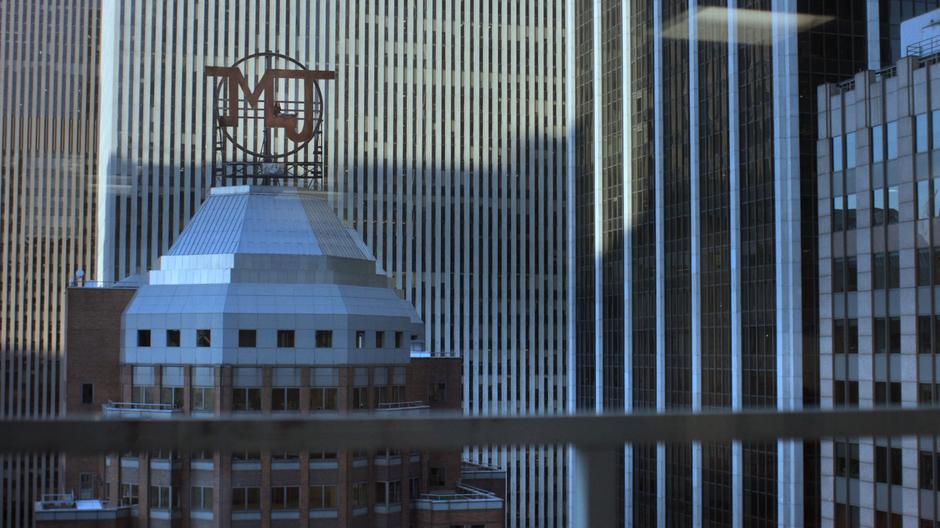 Jessica sits on a sign atop a building across the street from Pryce's building.