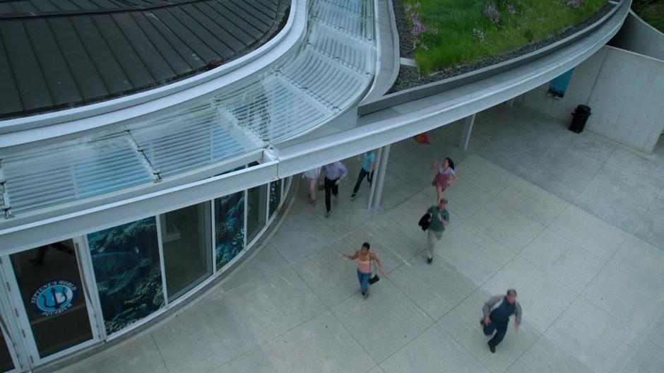 People run out of the aquarium in a panic.