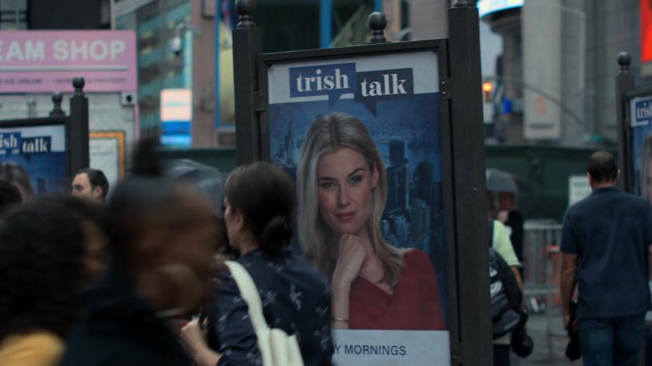 Trish stares out from a poster advertising Trish Talk.