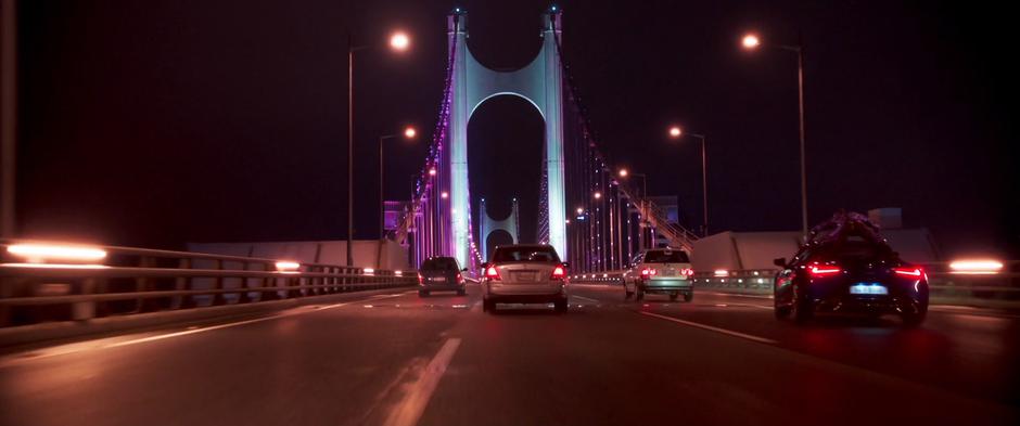 T'Challa clings to the top of the car as it chases across the bridge.