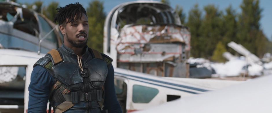 Killmonger faces Ulysses Klaue across the plane and tells him that he want to go to Wakanda.