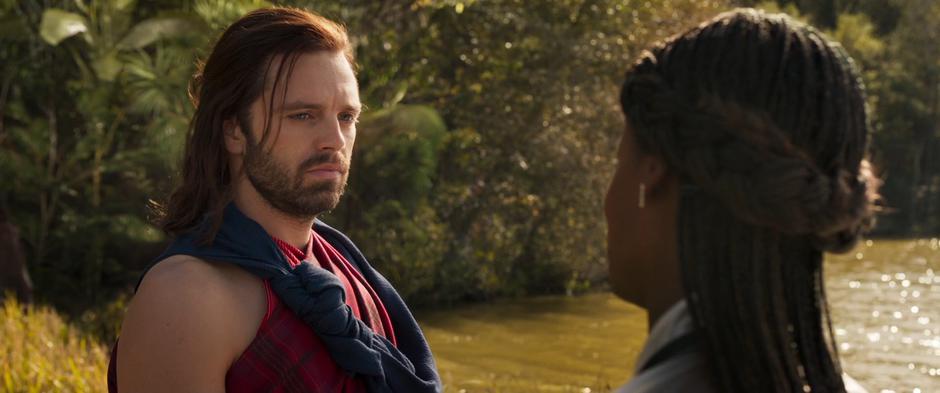 Bucky stops by the riverside to talk with Shuri.