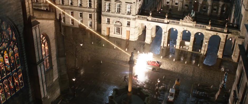 One of the laser blasts fires down and explodes a truck on the street near where Wanda and Proxima Midnight are fighting.