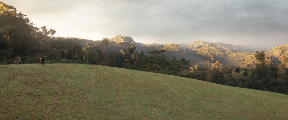 T'Challa and Okoye walk down the hillside followed by two guards.